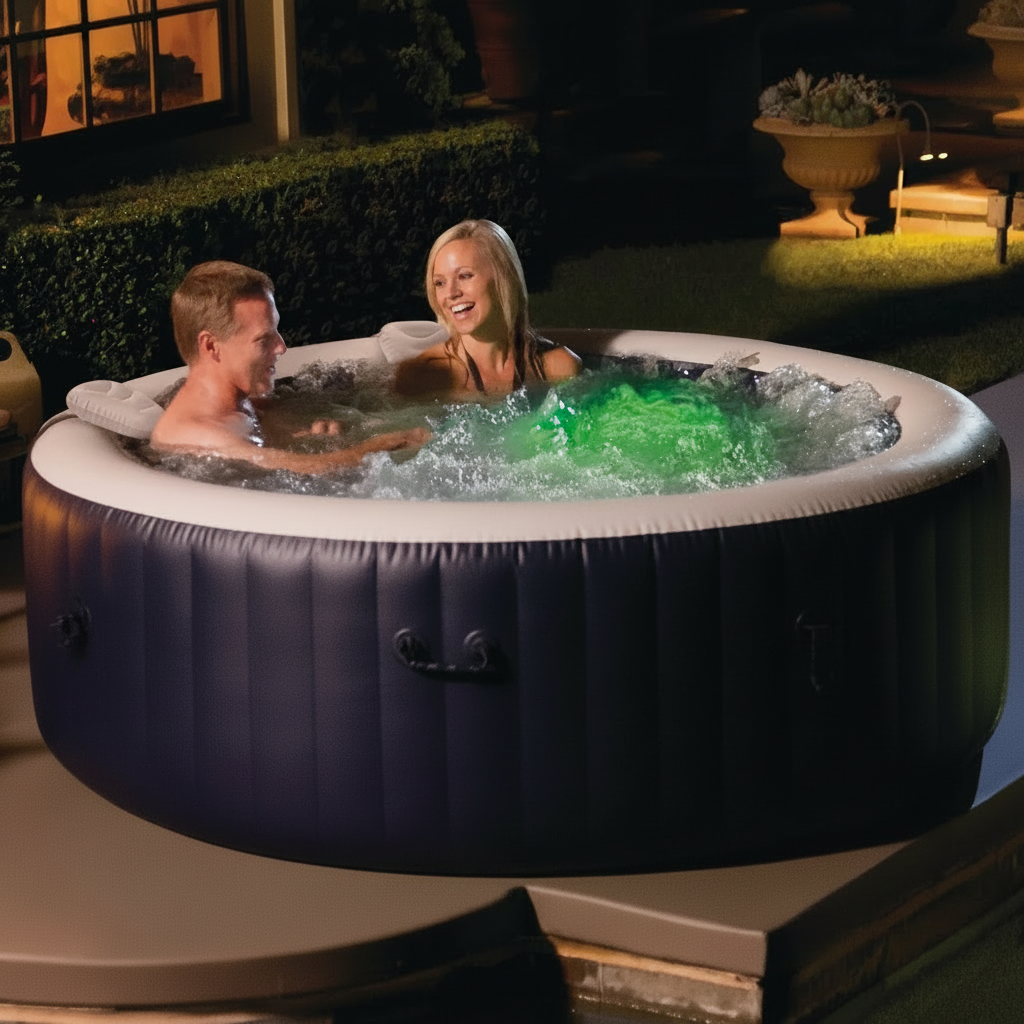 Couple in an inflatable hot tub.
