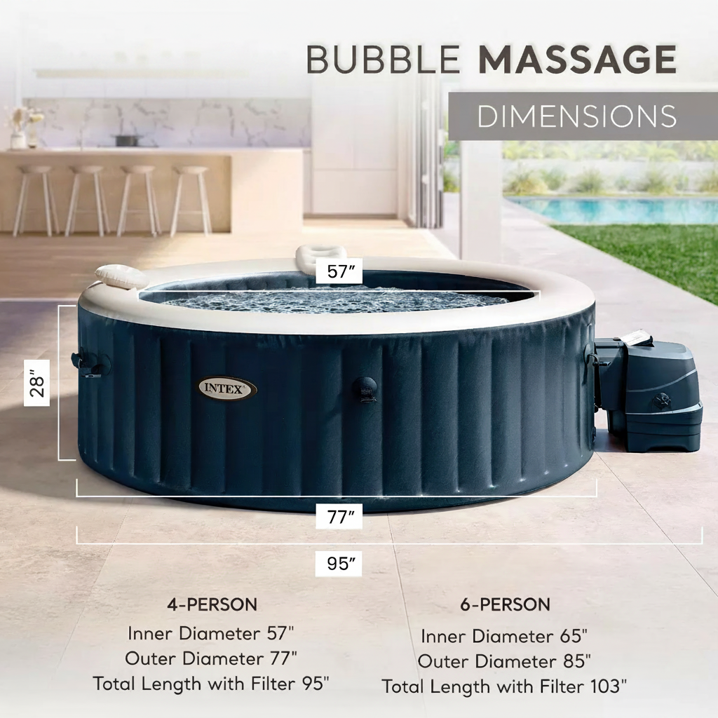 Inflatable hot tub with dimensions labeled.