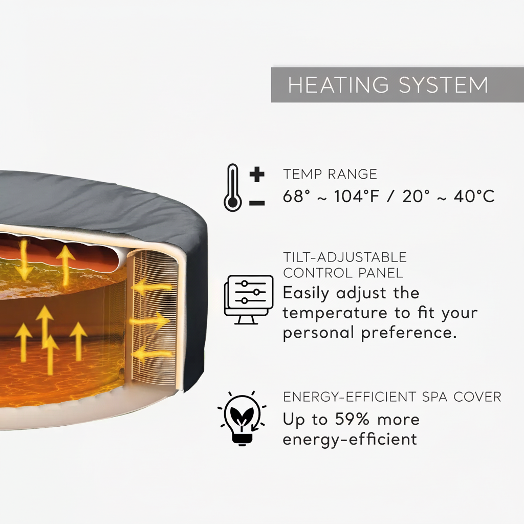 Bubble massage heating system with features listed on a white background.