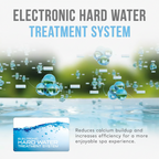 Electronic hard water treatment system with water and bubbles on a white background.