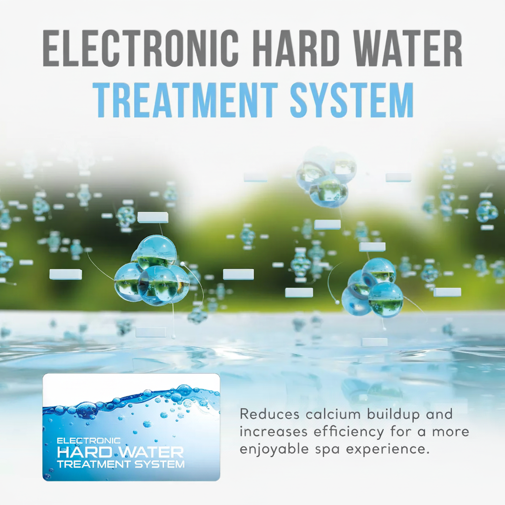 Electronic hard water treatment system with water and bubbles on a white background.