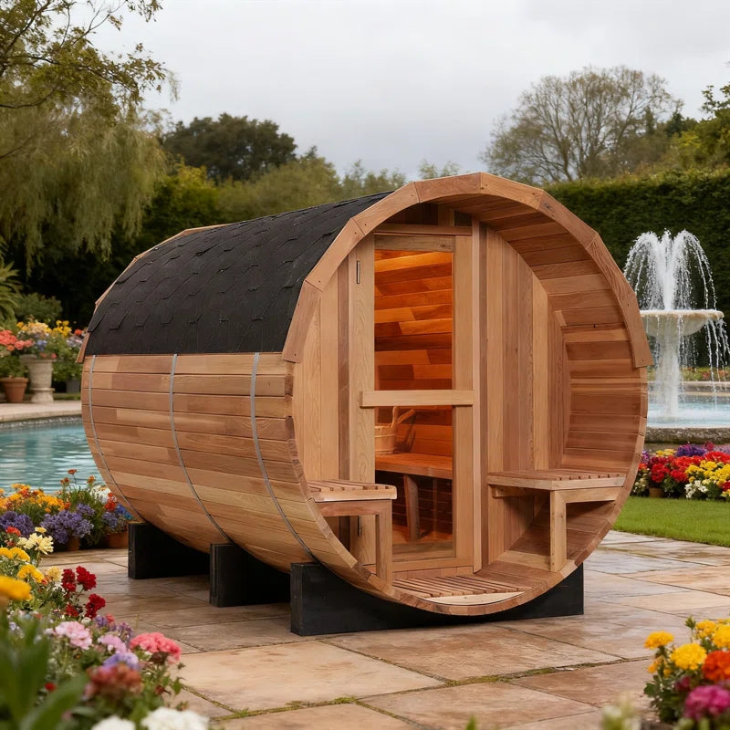 A 6-person cedar traditional steam barrel sauna in a backyard garden.