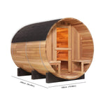 A 6-person cedar traditional steam barrel sauna with dimensions.