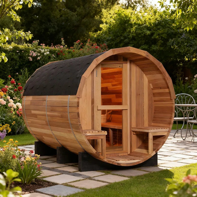A 6-person cedar traditional steam barrel sauna in a backyard with flowers.