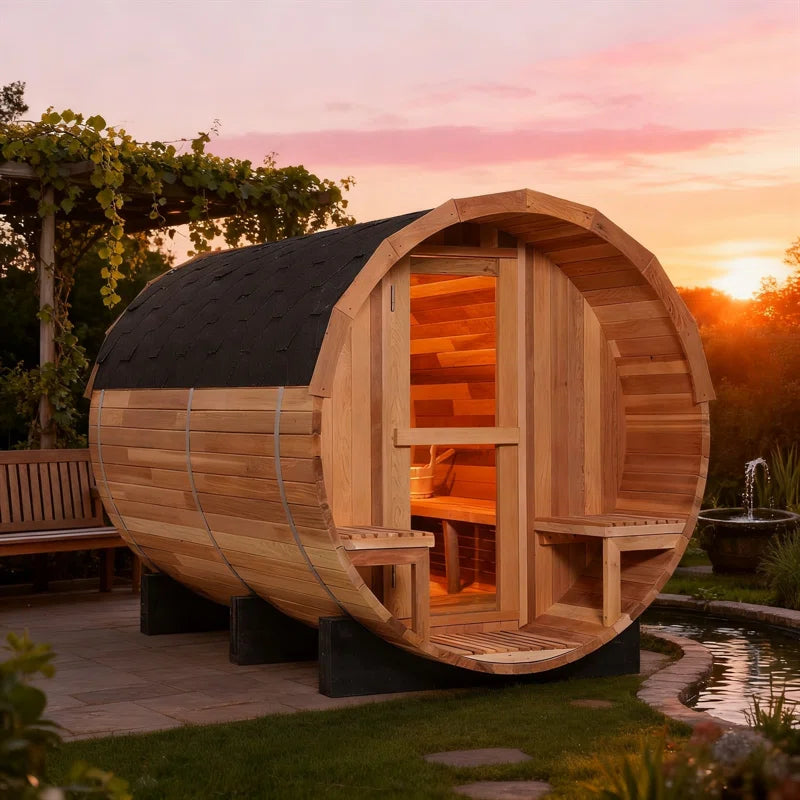 A 6-person cedar traditional steam barrel sauna in a backyard with a sunset.