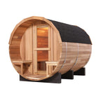 A 6-person cedar traditional steam barrel sauna.