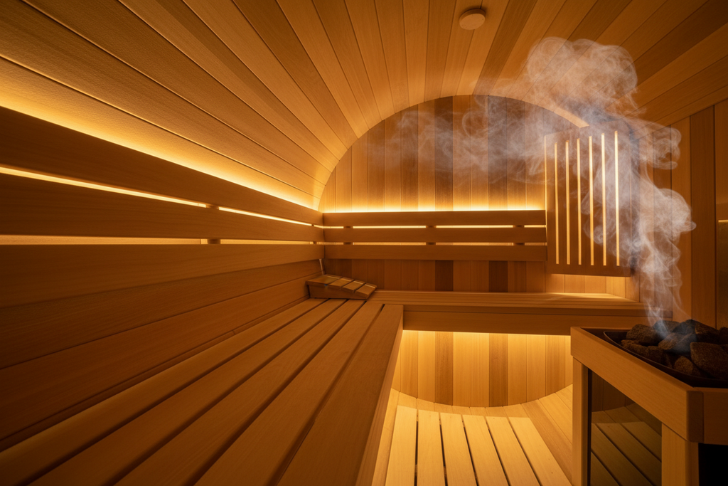 Wooden sauna with steam rising, illuminated by warm lights.