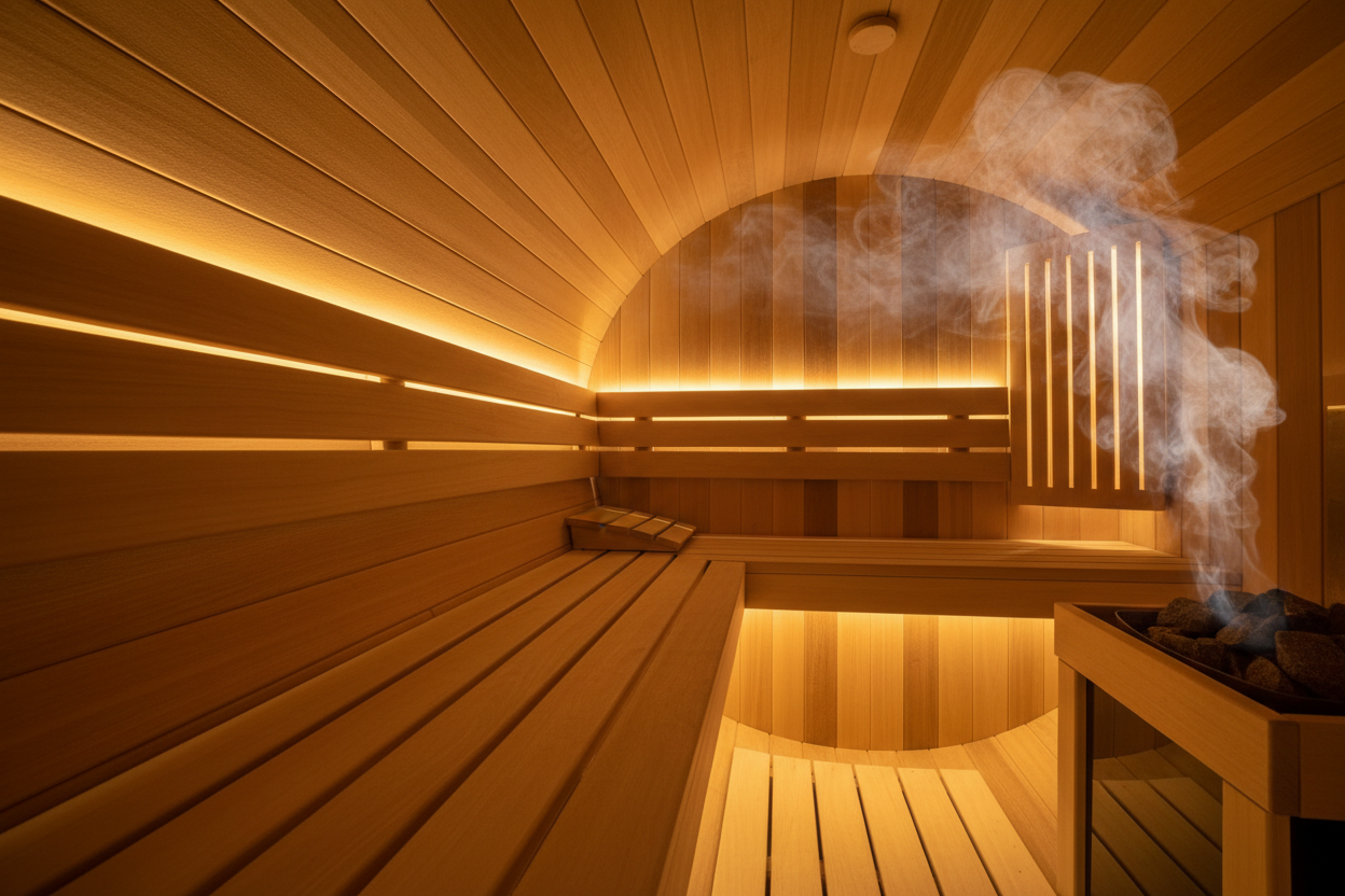 Wooden sauna with steam rising, illuminated by warm lights.