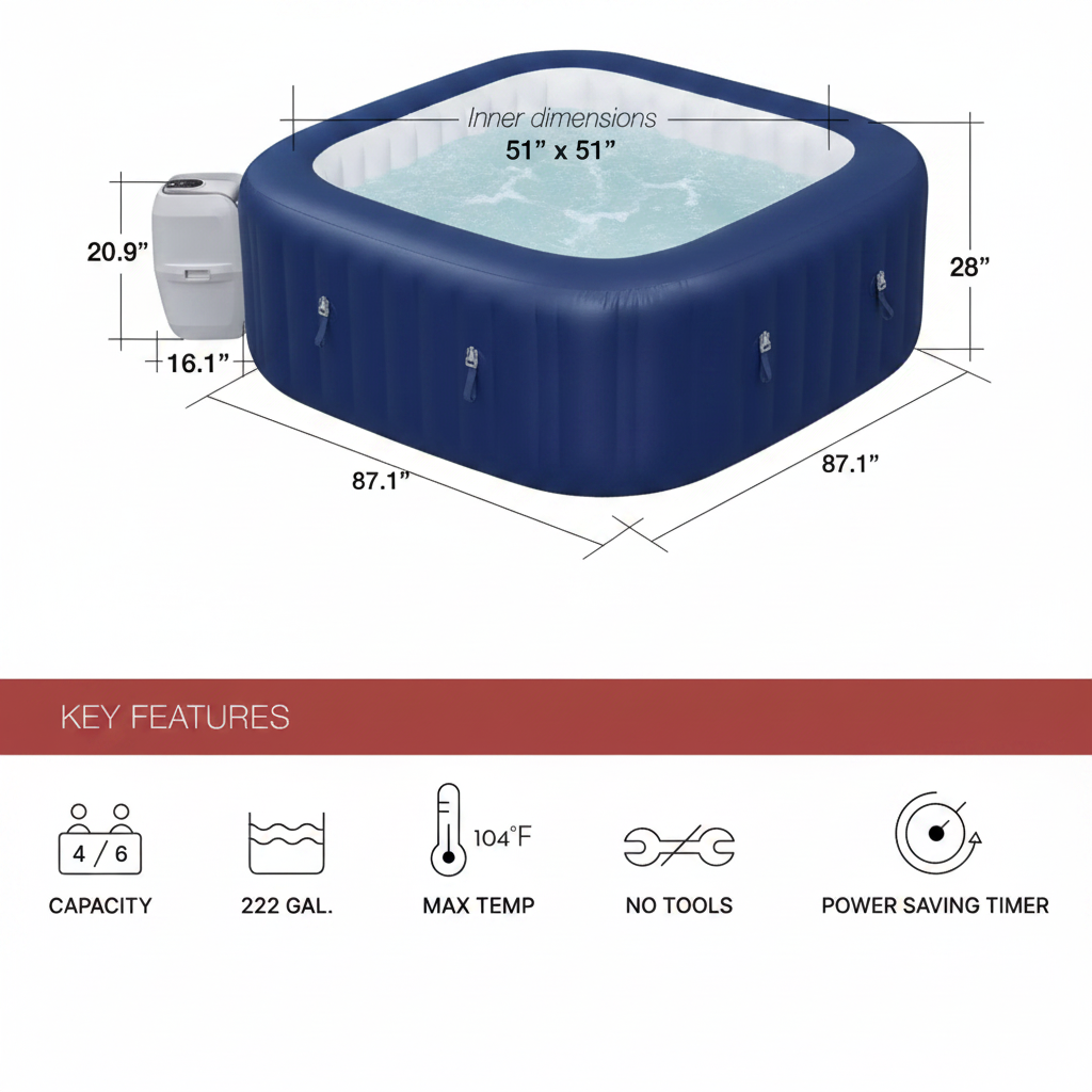 Inflatable hot tub with dimensions on a white background.