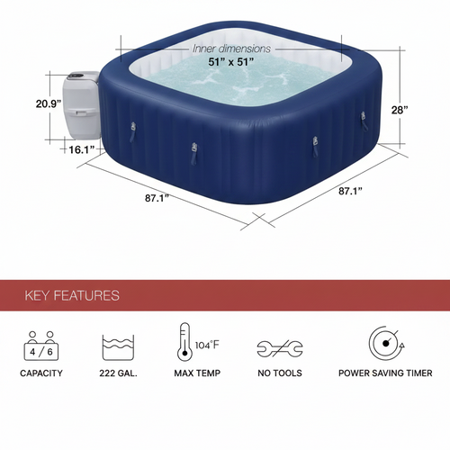 Inflatable hot tub with dimensions on a white background.