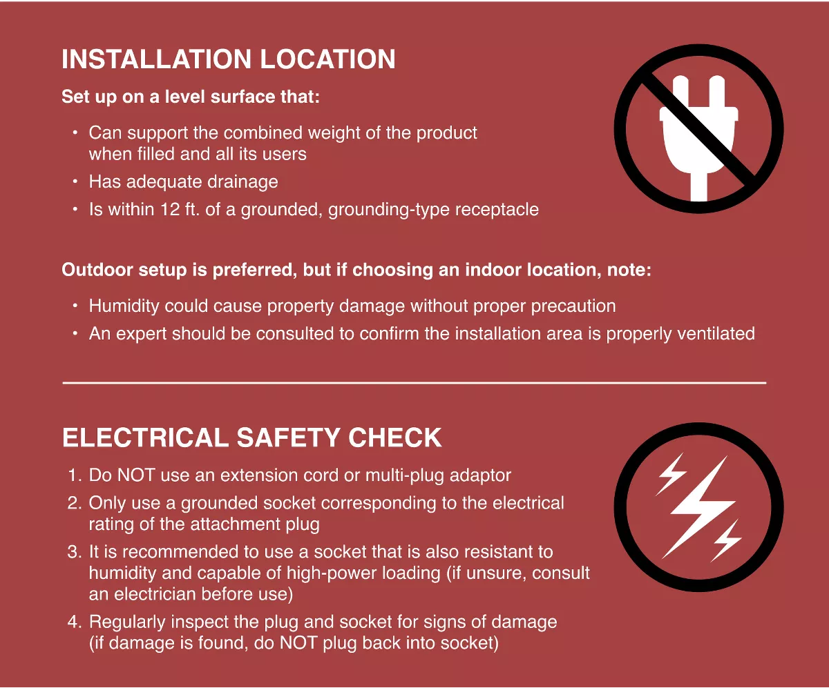 Installation and safety guidelines on a red background.