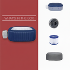 Inflatable hot tub packaging with list of included items on a red and white background.