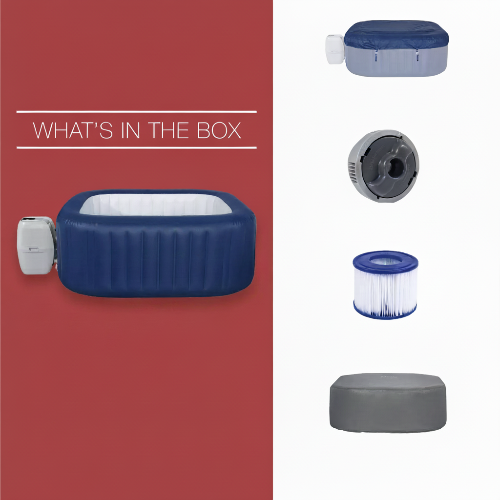 Inflatable hot tub packaging with list of included items on a red and white background.