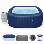 Inflatable hot tub with accessories on a white background.