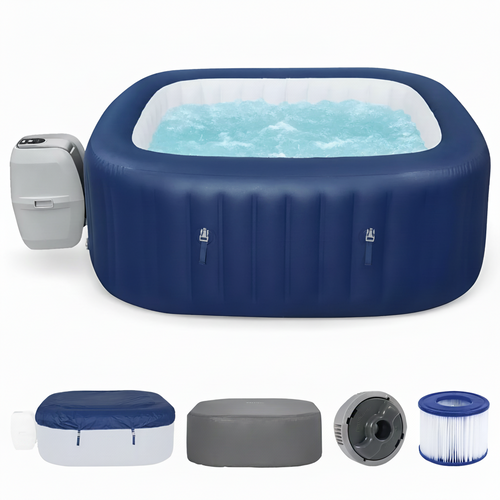 Inflatable hot tub with accessories on a white background.
