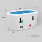 White inflatable cold plunge with blue interior, dimensions labeled, on a gray background.