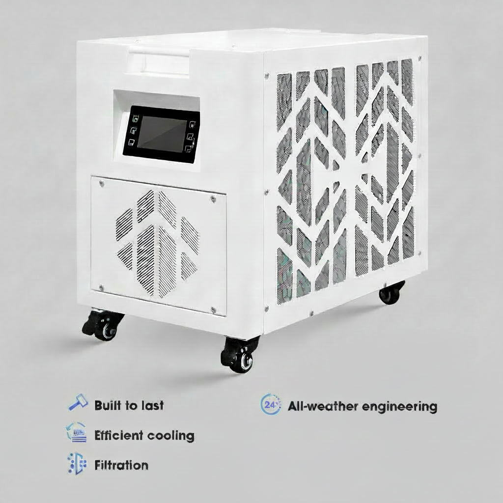 Cooling unit on a gray background with features listed below.