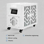 Cooling unit on a gray background with features listed below.