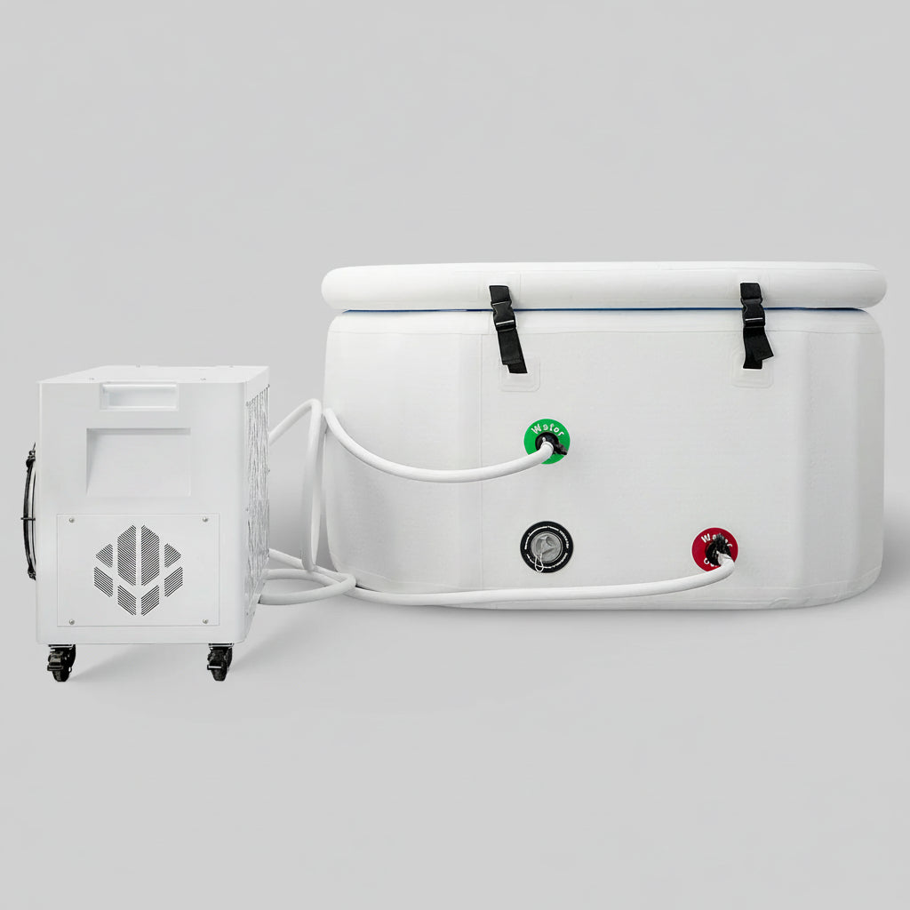 White cold plunge with control panel on a gray background.