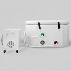 White cold plunge with control panel on a gray background.