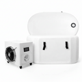 Refrigeration unit with a fan on a white background.