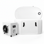 Refrigeration unit with a fan on a white background.