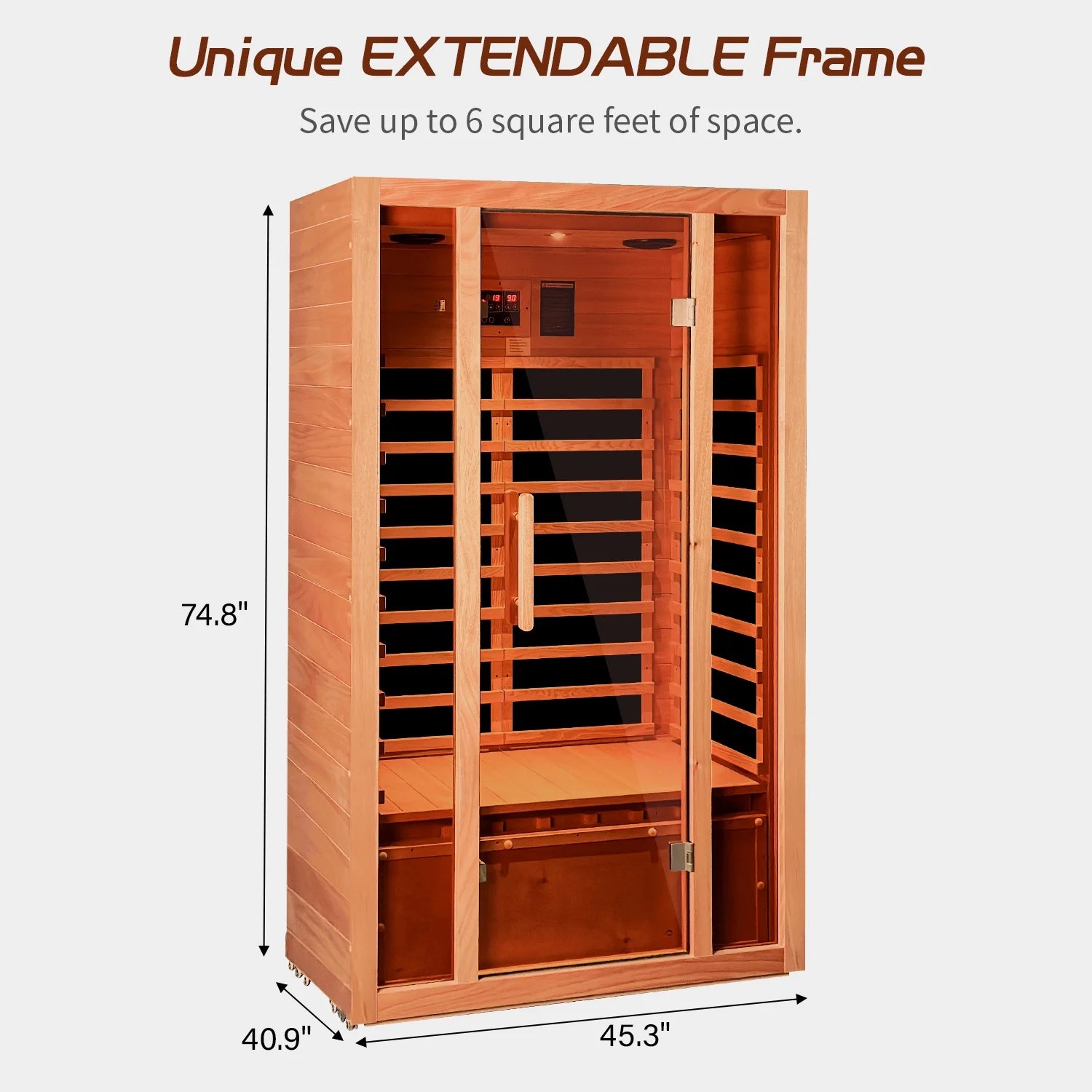 Wooden sauna with dimensions labeled on a white background.
