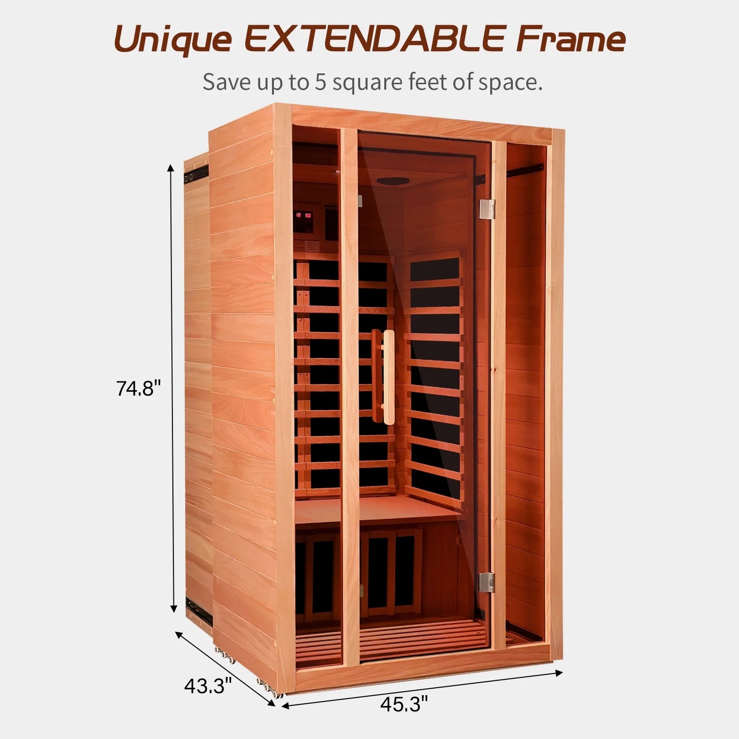 Wooden sauna with dimensions labeled on a white background.
