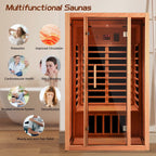 Multifunctional sauna with health benefits listed on a beige background.