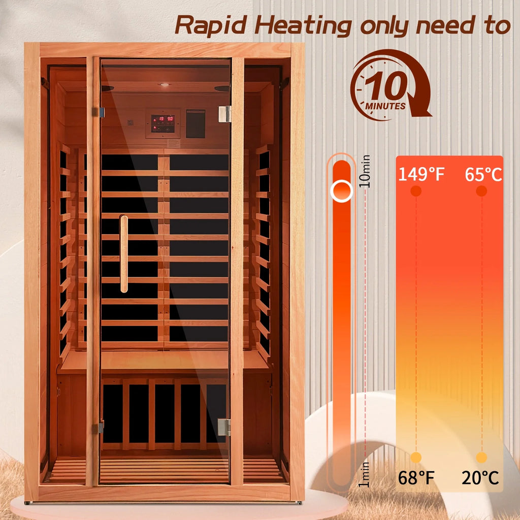 Wooden infrared sauna with temperature gauge and text indicating rapid heating time.