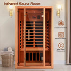 Infrared sauna room with wooden interior and Canadian Hemlock feature, on a light gray background.