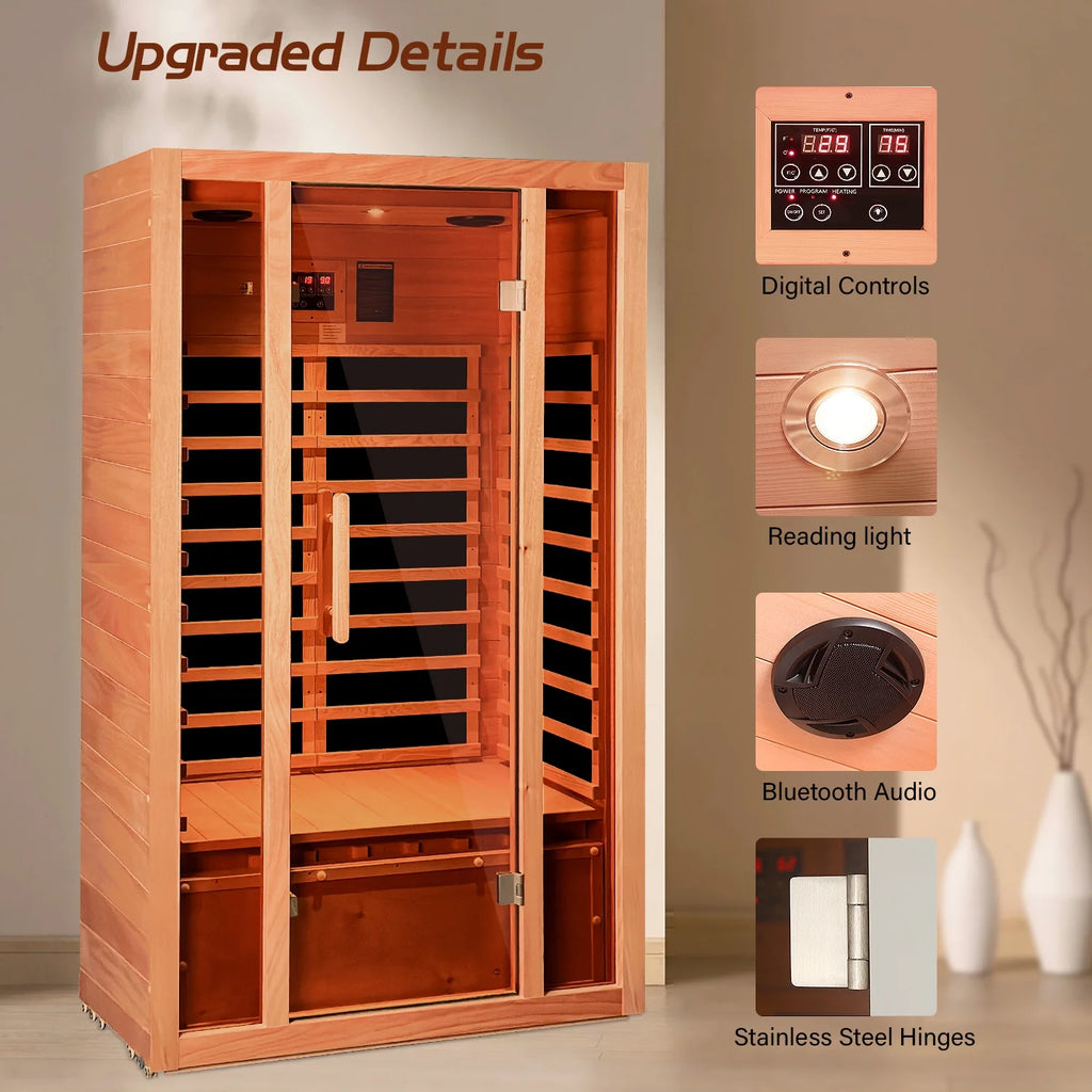 Wooden sauna with digital controls, reading light, and Bluetooth audio features on a beige wall.