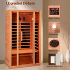 Wooden sauna with digital controls, reading light, and Bluetooth audio features on a beige wall.