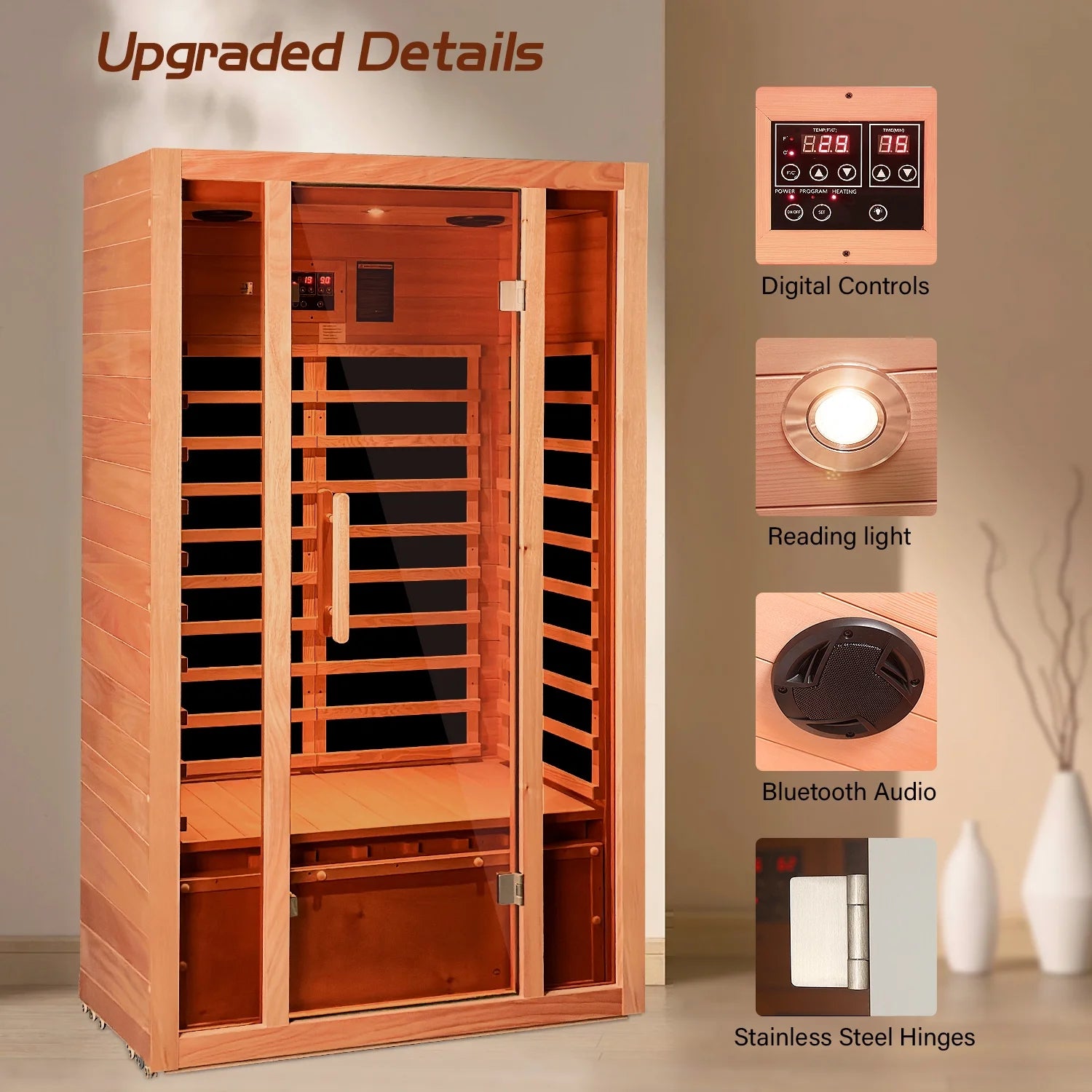 Wooden sauna with digital controls, reading light, and Bluetooth audio features on a beige wall.