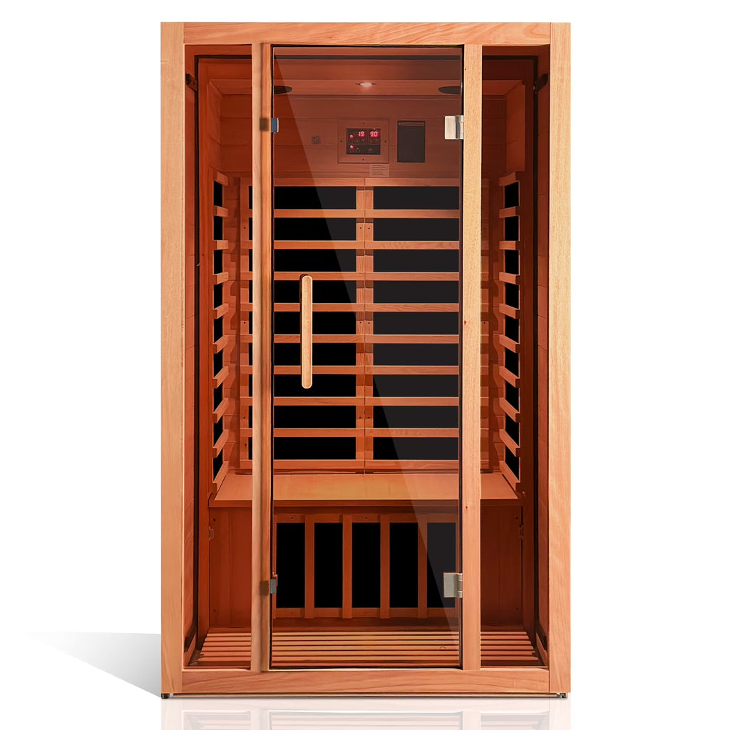 Wooden sauna with glass doors on a white background.