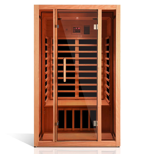 Wooden sauna with glass doors on a white background.