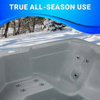 Hot tub in a snowy landscape with 'True All-Season Use' text.