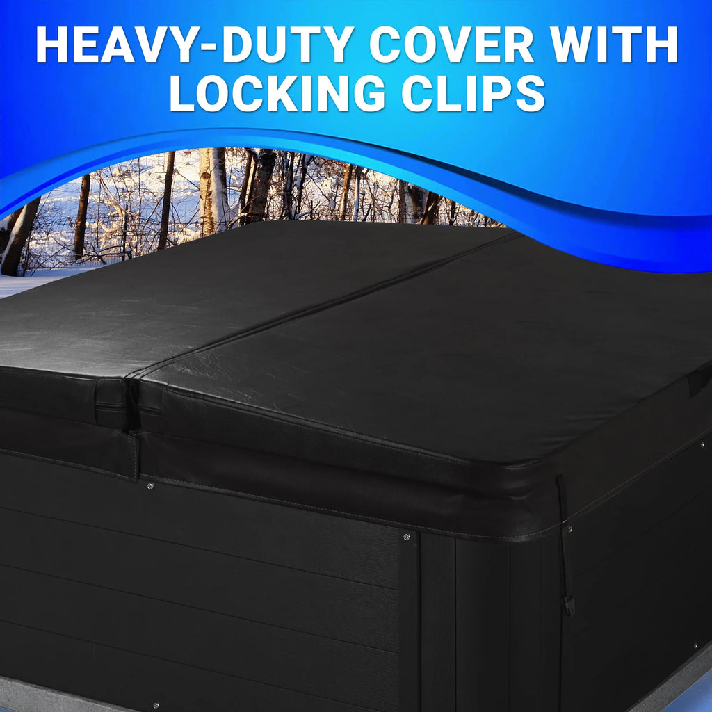 Black hot tub cover with locking clips on a snowy background.