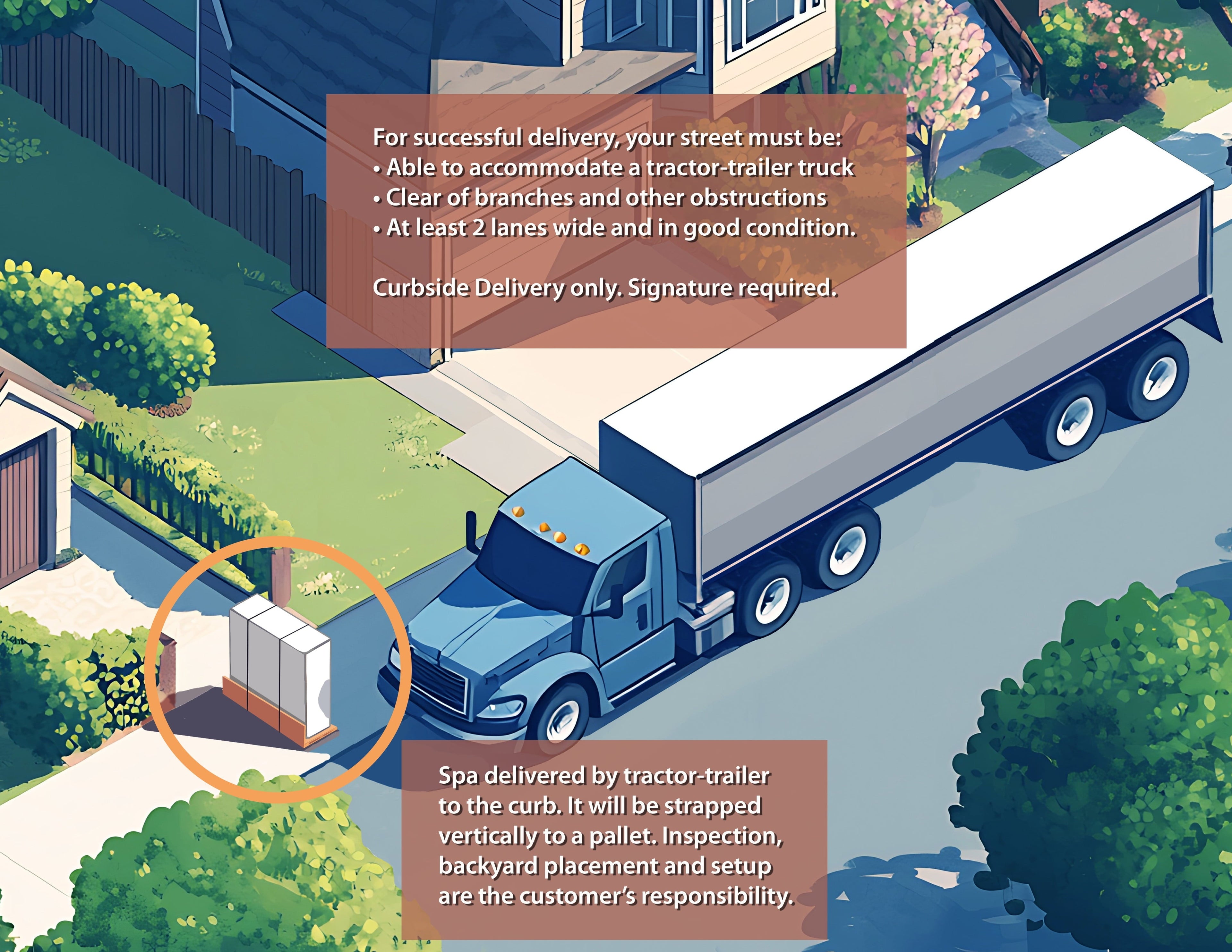 Illustration of a truck delivering a spa to a residential street.