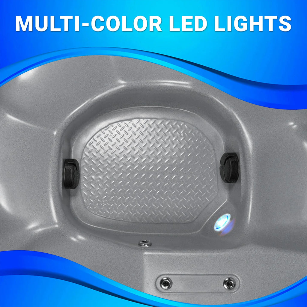 Close-up of a hot tub interior with a multi-color LED light on a blue background.