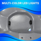 Close-up of a hot tub interior with a multi-color LED light on a blue background.