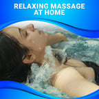 Woman relaxing in a hot tub with text 'Relaxing Massage at Home' on a blue background.