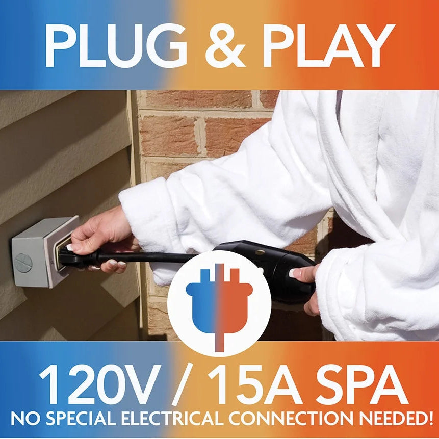 Person plugging in a spa cable with 'Plug & Play' text.