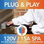 Person plugging in a spa cable with 'Plug & Play' text.