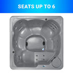 Hot tub with text 'Seats up to 6' on a blue background.