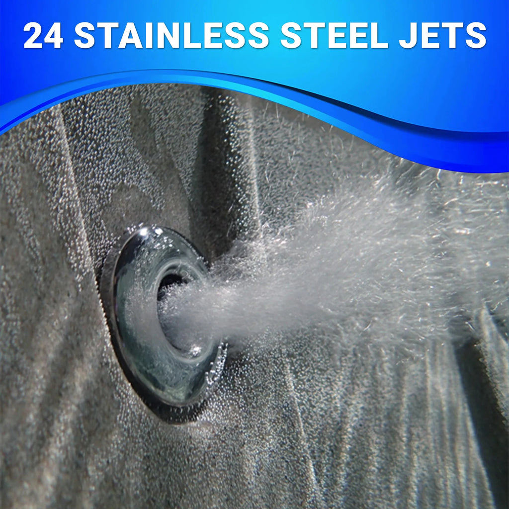 Stainless steel jet with water spray in a pool, labeled '24 Stainless Steel Jets'.