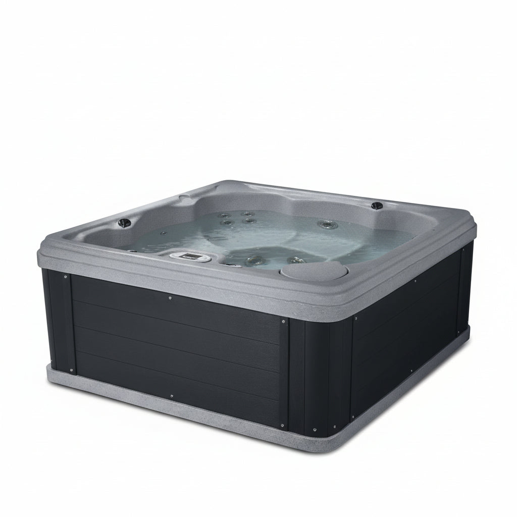 Hot tub with gray top and black base on a white background.