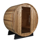 Wooden barrel-shaped sauna on a white background.