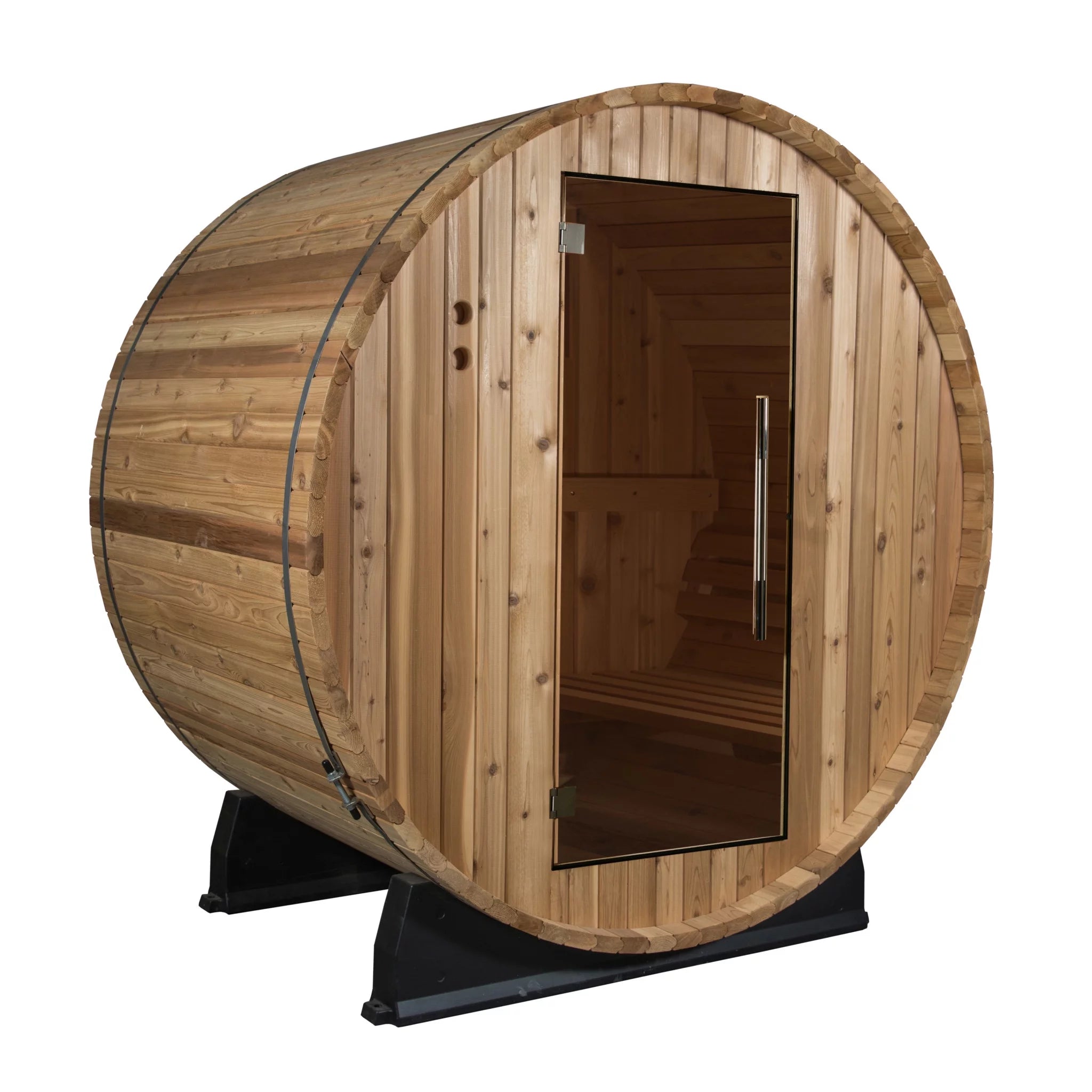 Wooden barrel-shaped sauna on a white background.