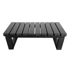 Black outdoor bench with slatted design on a white background.